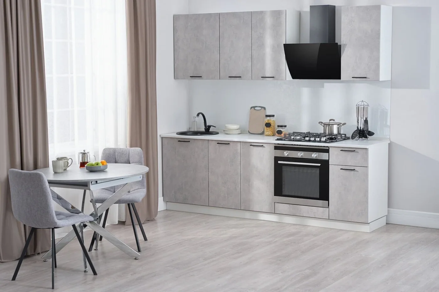 Кухонный гарнитур Hoff Сити 2,4 м, 240х210х60 см, цвет бетон светлый, белый