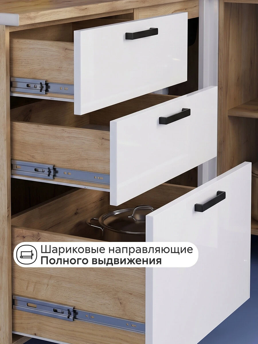 Модульная кухня угловая Ливта NEW №2, 1.6 х 2.0 м (дуб крафт / белый глянец)
