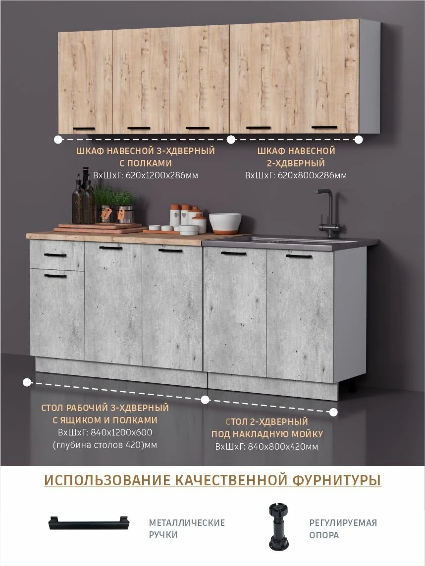 Кухонный гарнитур Fortuna_kids Версаль, лофт, 2 м, ЛДСП, черный